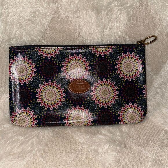 Fossil Large Wristlet Travel Bag PVC Blue Turquoise Multicolored - Picture 1 of 8